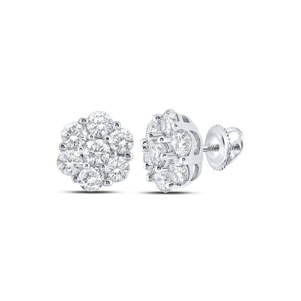 10kt White Gold Mens Round Diamond Flower Cluster Earrings 7/8 Cttw