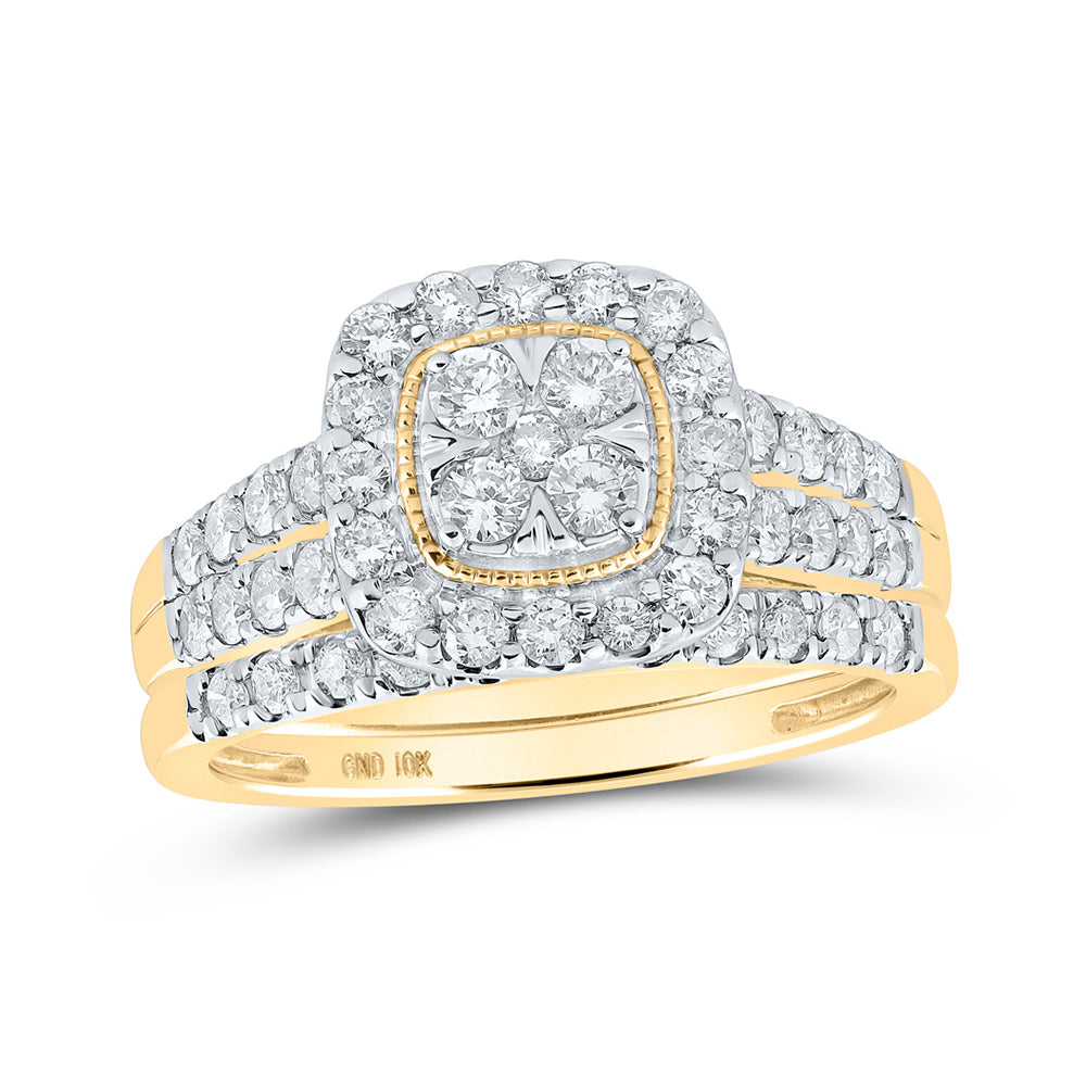 10kt Yellow Gold Round Diamond Square Bridal Wedding Ring Band Set 1 Cttw