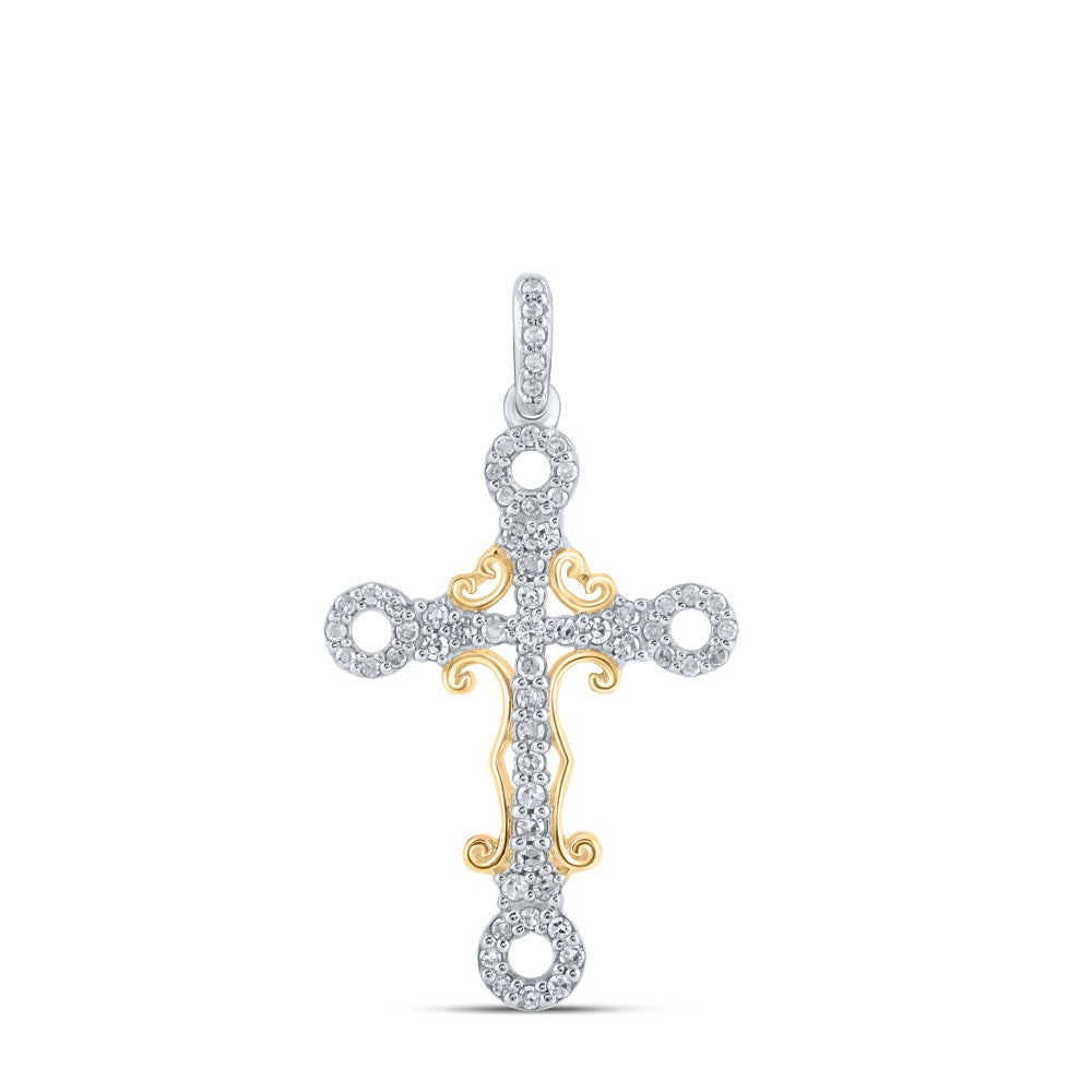 10kt Two-tone Gold Womens Round Diamond Cross Pendant 1/4 Cttw