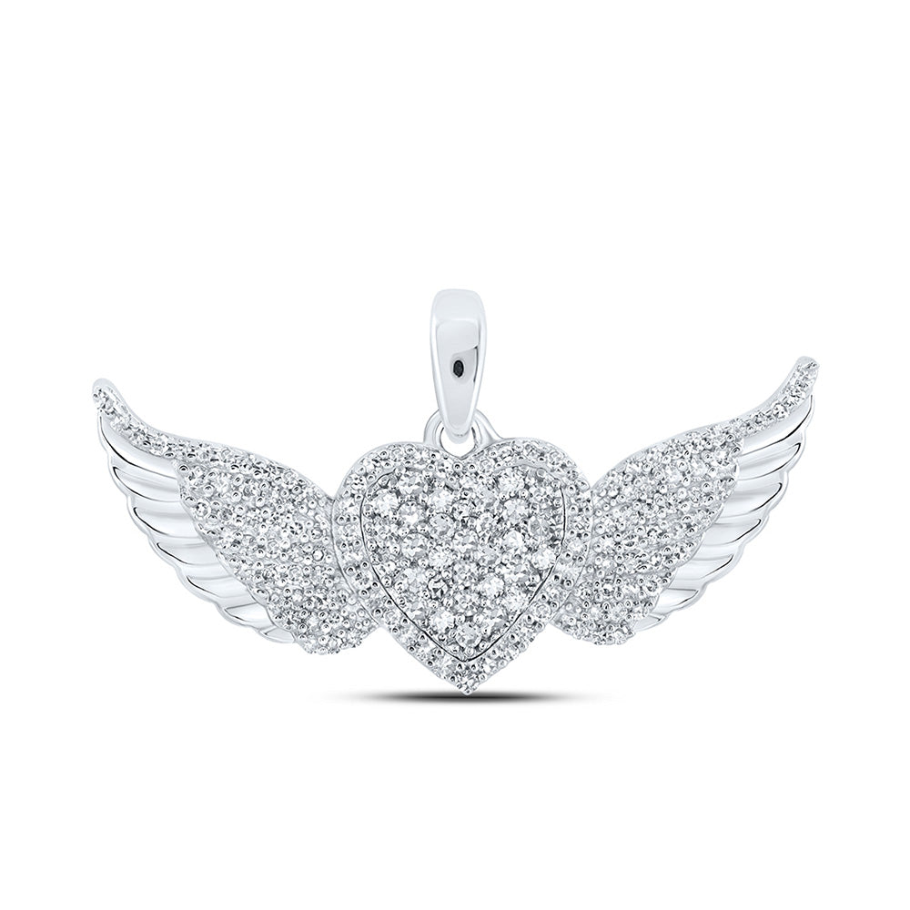 10kt White Gold Womens Round Diamond Diamond Wing Heart Pendant 3/8 Cttw