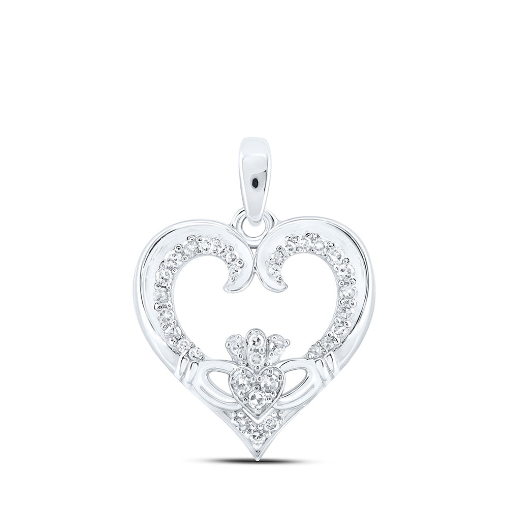 10kt White Gold Womens Round Diamond Claddagh Heart Pendant 1/6 Cttw