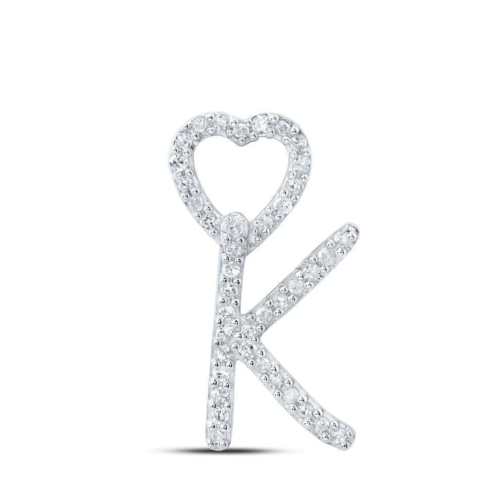 10kt White Gold Womens Round Diamond K Heart Letter Pendant 1/8 Cttw