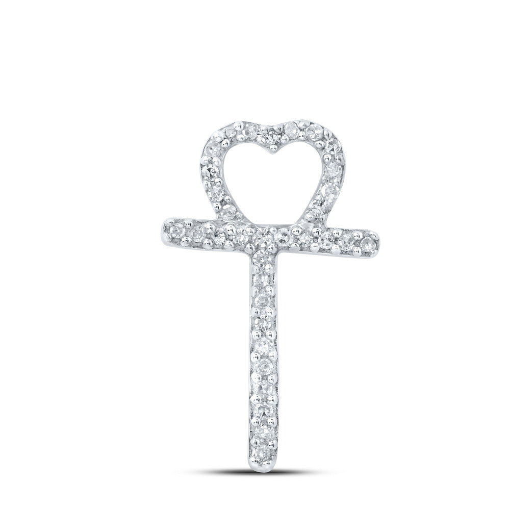 10kt White Gold Womens Round Diamond T Heart Letter Pendant 1/10 Cttw