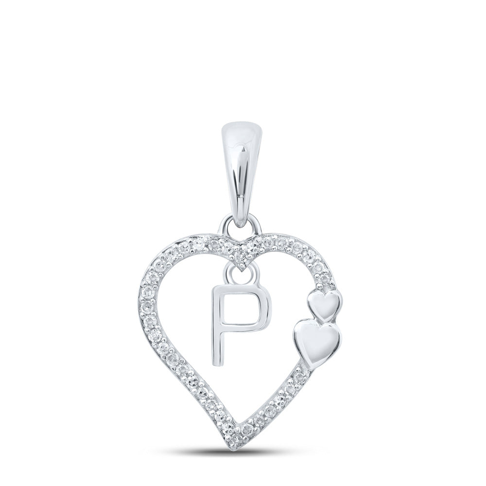 10kt White Gold Womens Round Diamond P Heart Letter Pendant 1/10 Cttw