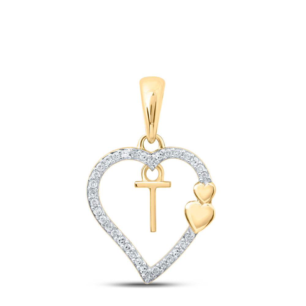 10kt Yellow Gold Womens Round Diamond T Heart Letter Pendant 1/10 Cttw