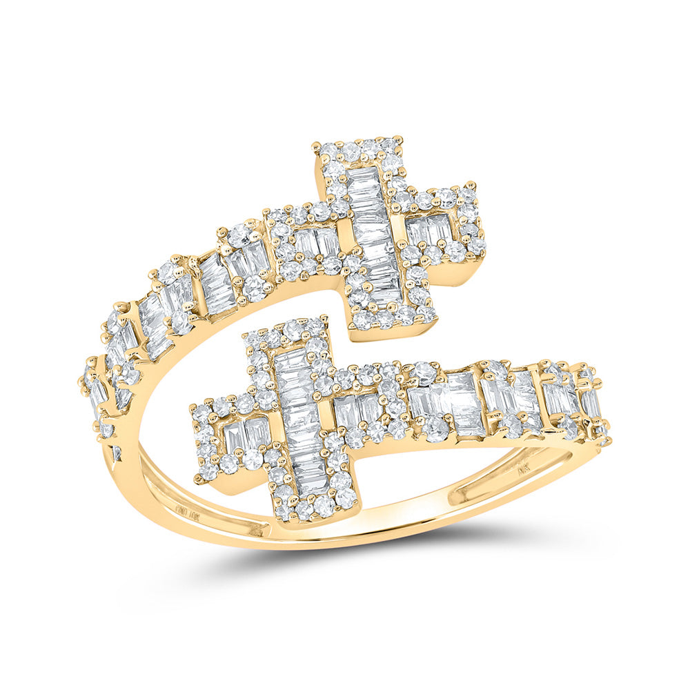 10kt Yellow Gold Womens Round Diamond Cross Cuff Band Ring 3/4 Cttw