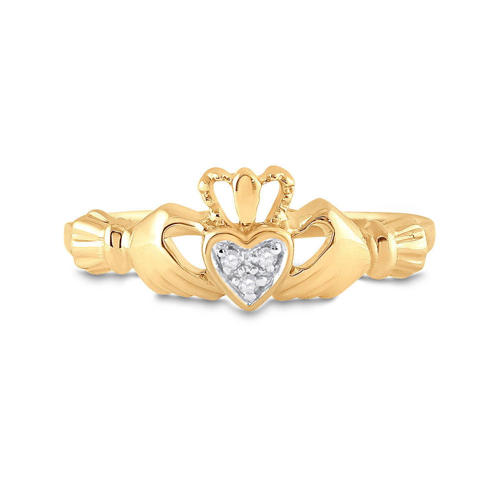 10kt Yellow Gold Womens Round Diamond Claddagh Heart Ring .02 Cttw