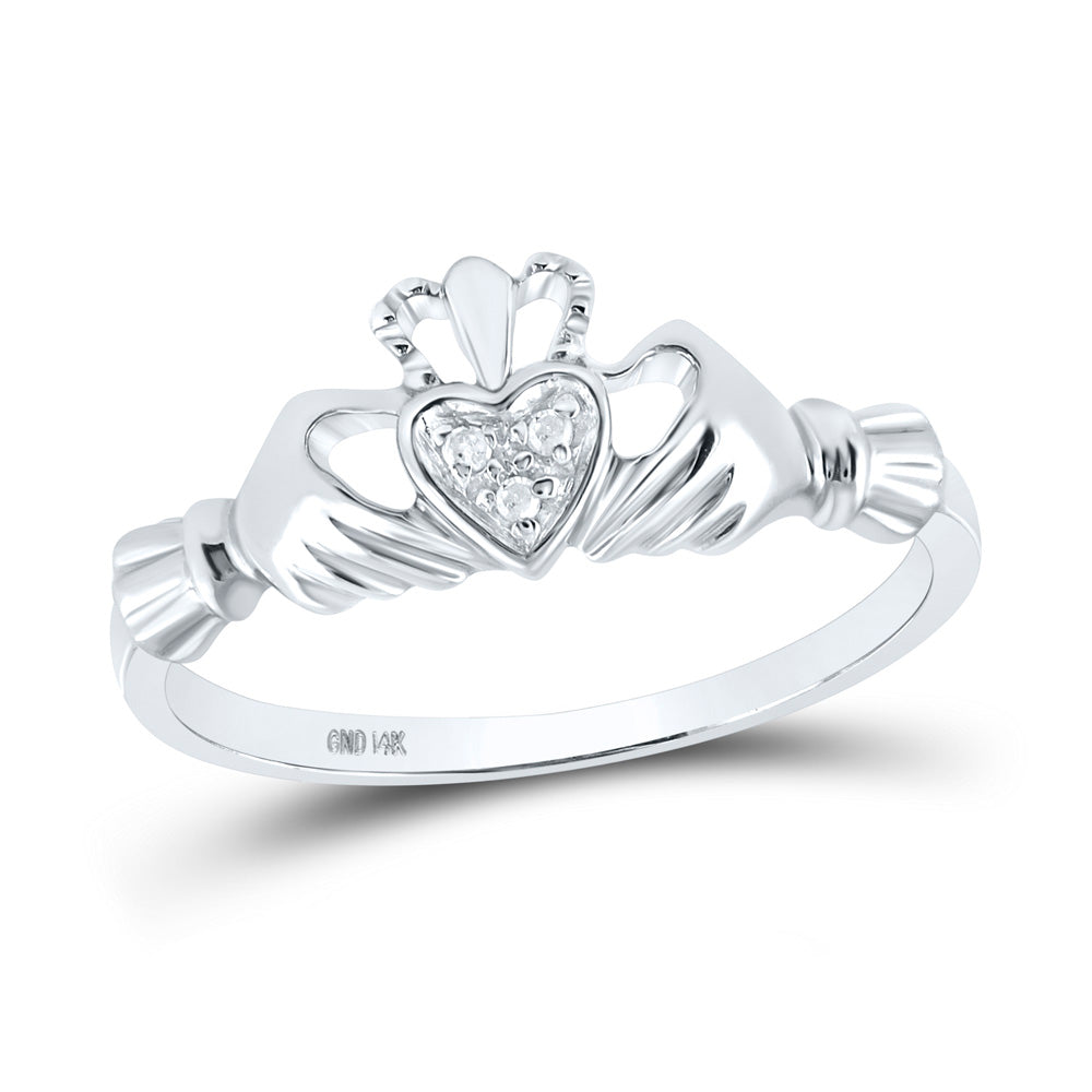 10kt White Gold Womens Round Diamond Claddagh Heart Ring .02 Cttw