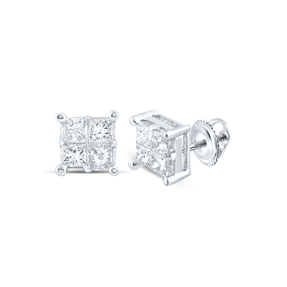 14kt White Gold Womens Princess Diamond Square Cluster Earrings 1 Cttw