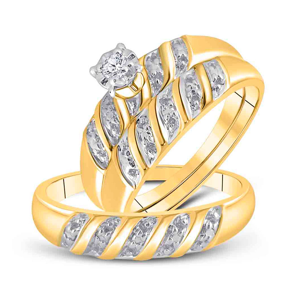 14kt Yellow Gold His Hers Round Diamond Solitaire Matching Wedding Set 1/20 Cttw