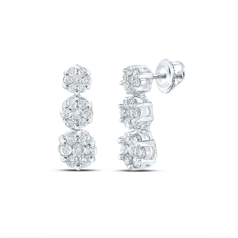 14kt White Gold Womens Round Diamond Triple Vertical Flower Cluster Earrings 1 Cttw