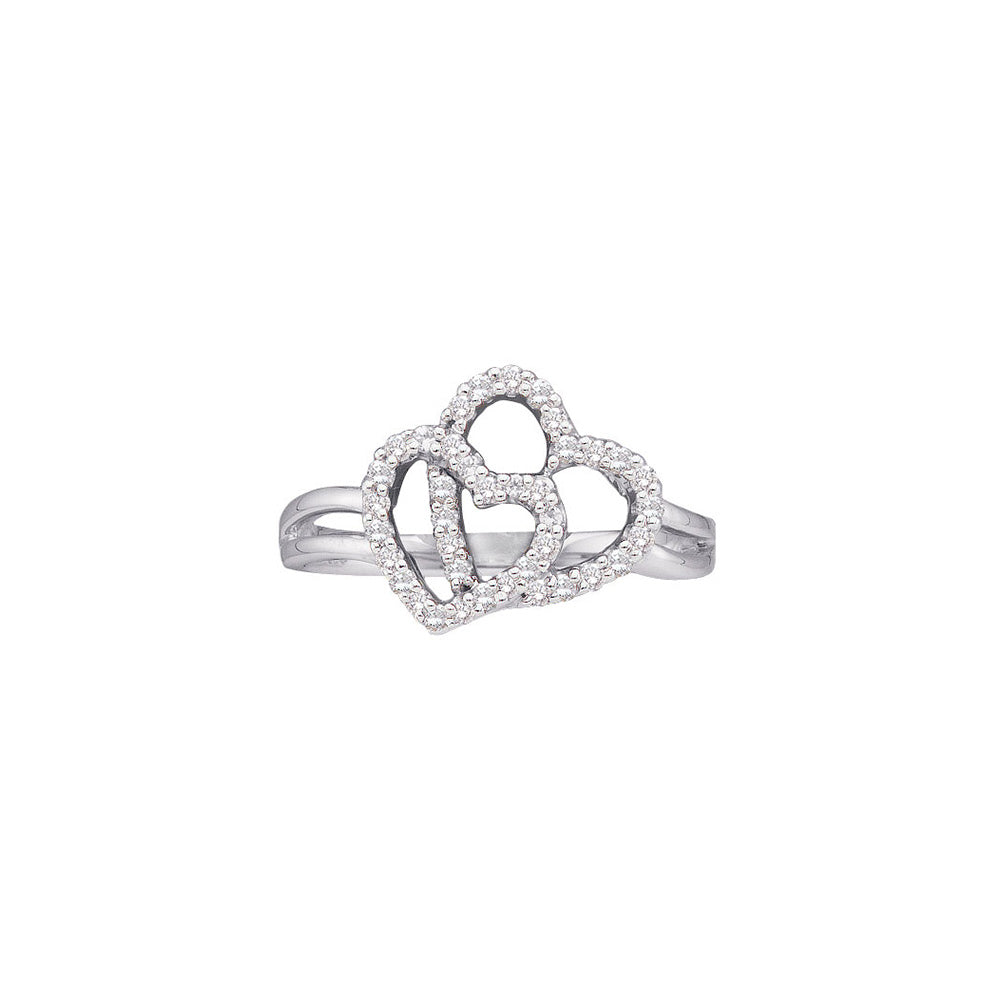 14kt White Gold Womens Round Diamond Double Heart Ring 1/4 Cttw