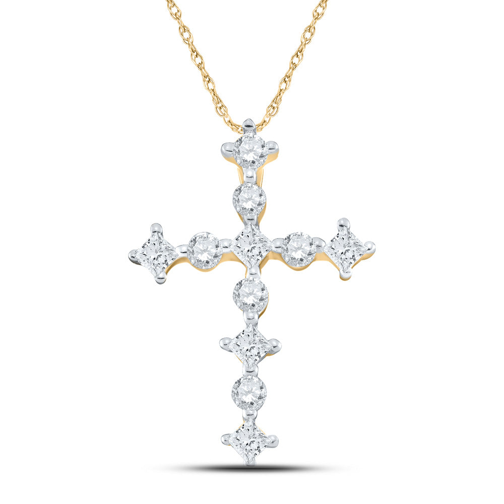 14kt Yellow Gold Womens Princess Round Diamond Cross Religious Pendant 1/2 Cttw