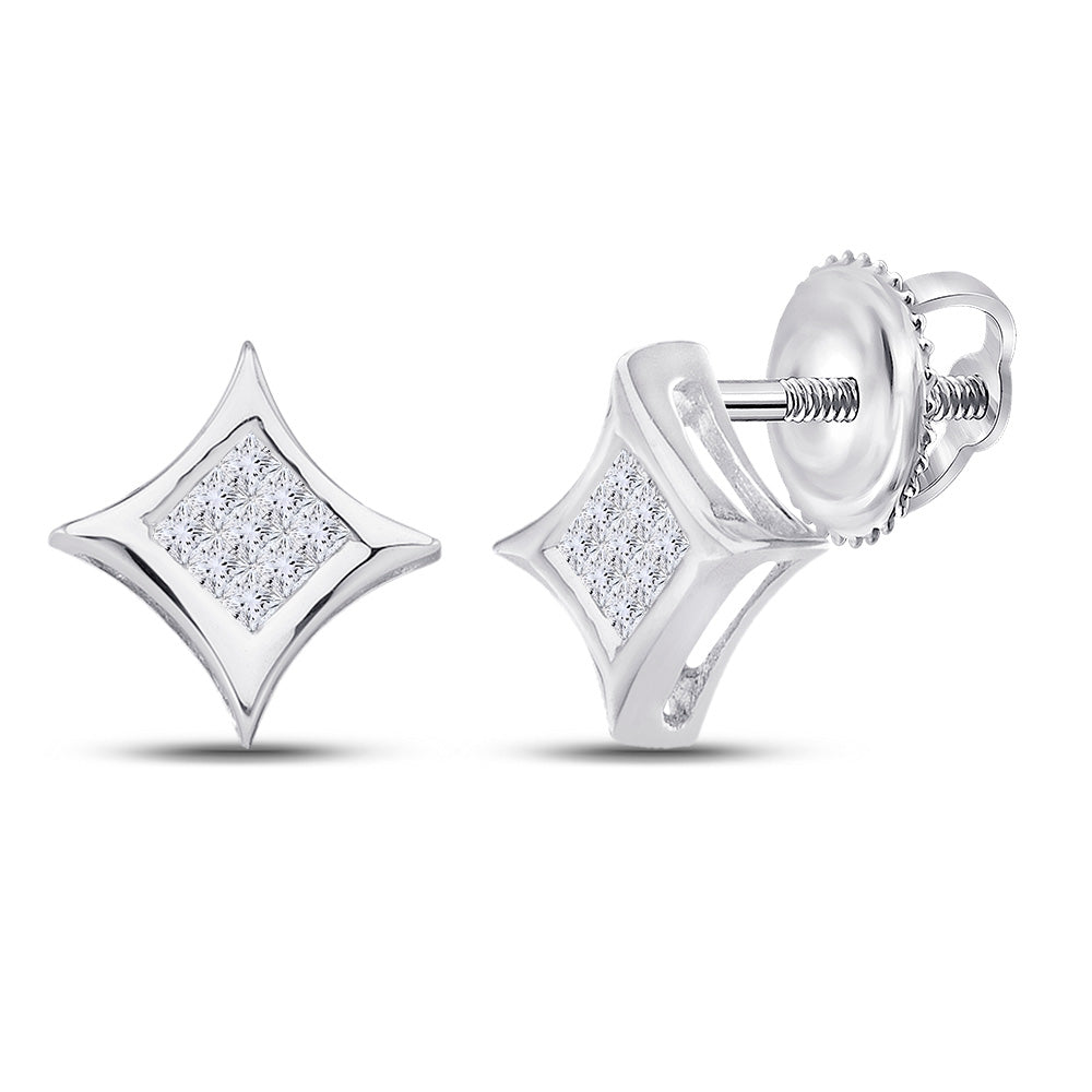 14kt White Gold Womens Princess Diamond Cluster Square Kite Earrings 1/6 Cttw