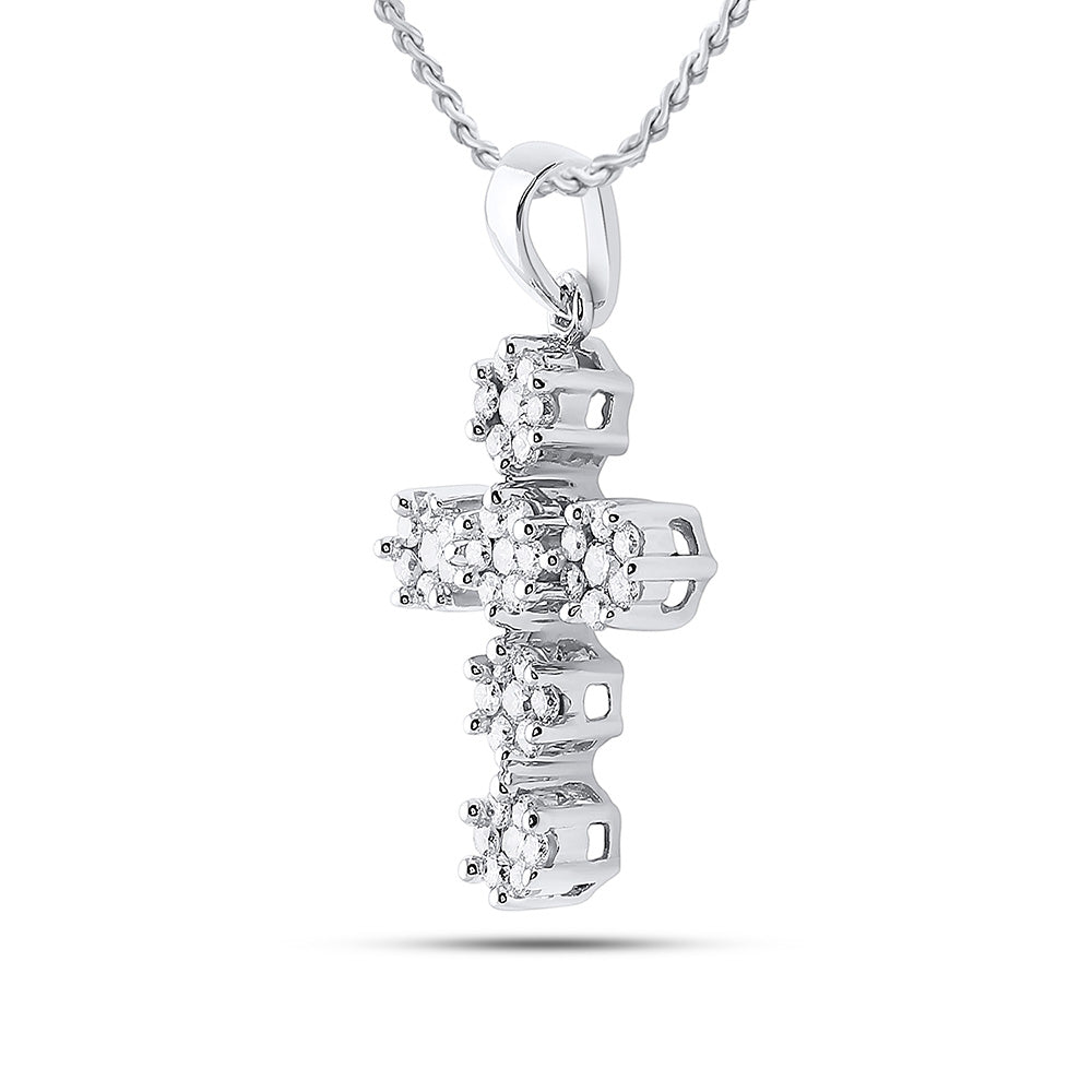 14kt White Gold Womens Round Diamond Cluster Cross Religious Pendant 1/2 Cttw