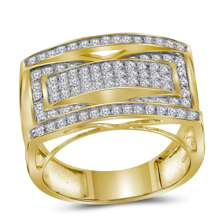 10kt Yellow Gold Mens Round Pave-set Diamond Rectangle Cluster Ring 1 Cttw