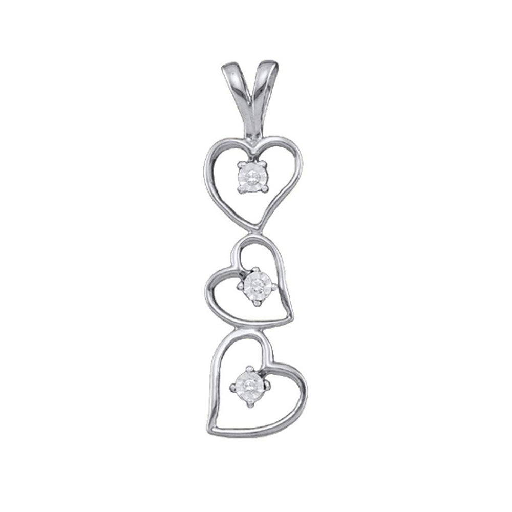 10kt White Gold Womens Round Diamond Triple Cascading Heart Pendant .03 Cttw