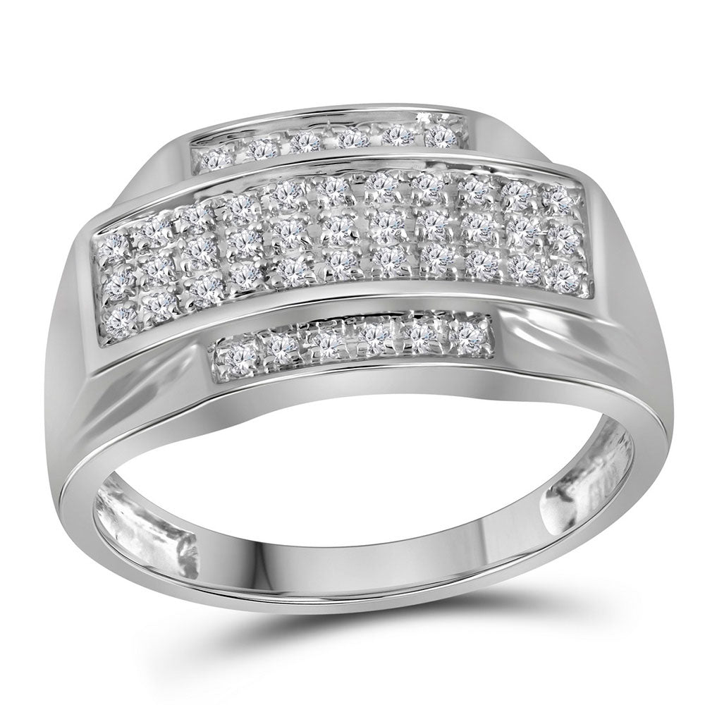 10kt White Gold Mens Round Pave-set Diamond Rectangle Cluster Ring 1/3 Cttw