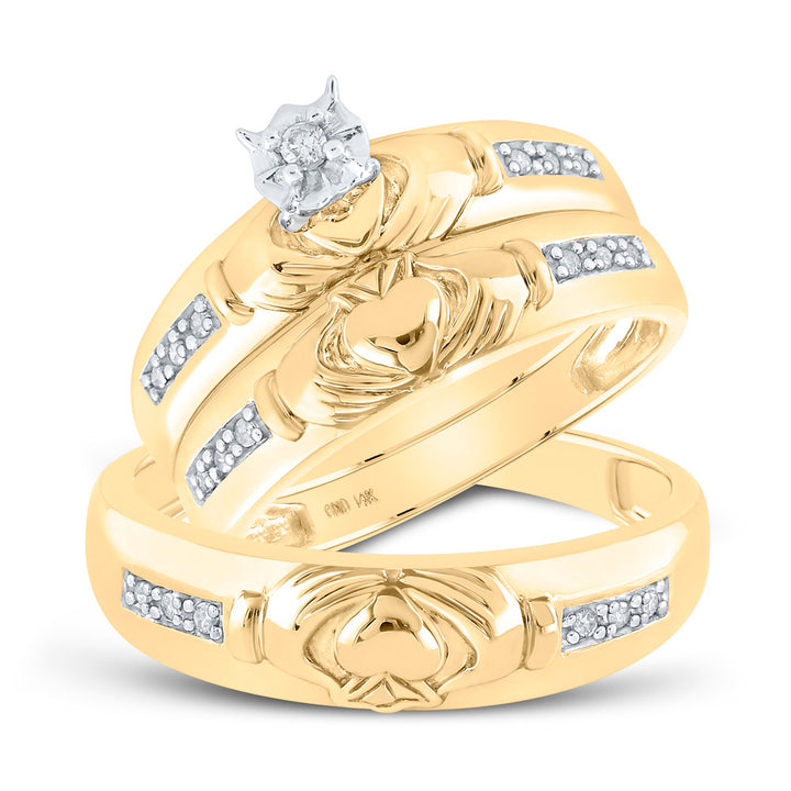 14kt Yellow Gold His Hers Round Diamond Claddagh Matching Wedding Set 1/8 Cttw