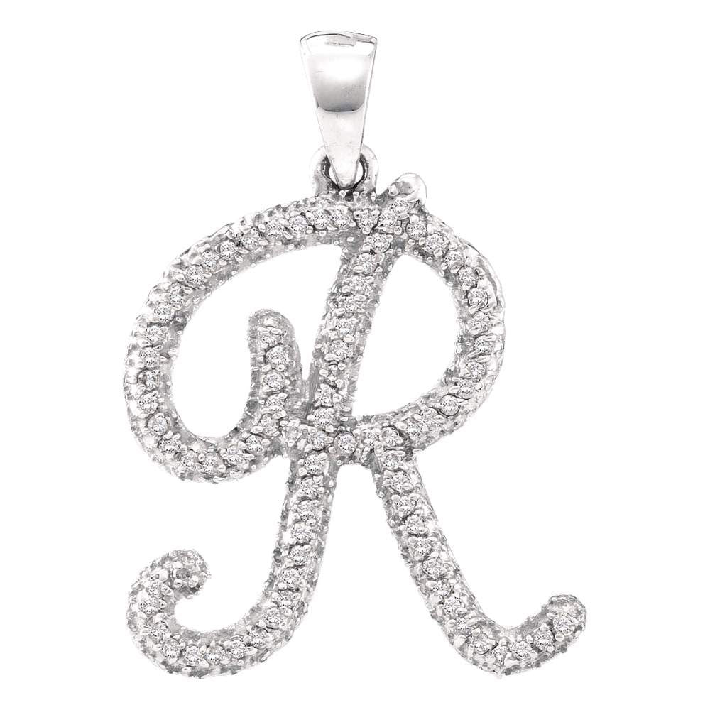 10kt White Gold Womens Round Diamond Cursive Letter R Pendant 1/5 Cttw