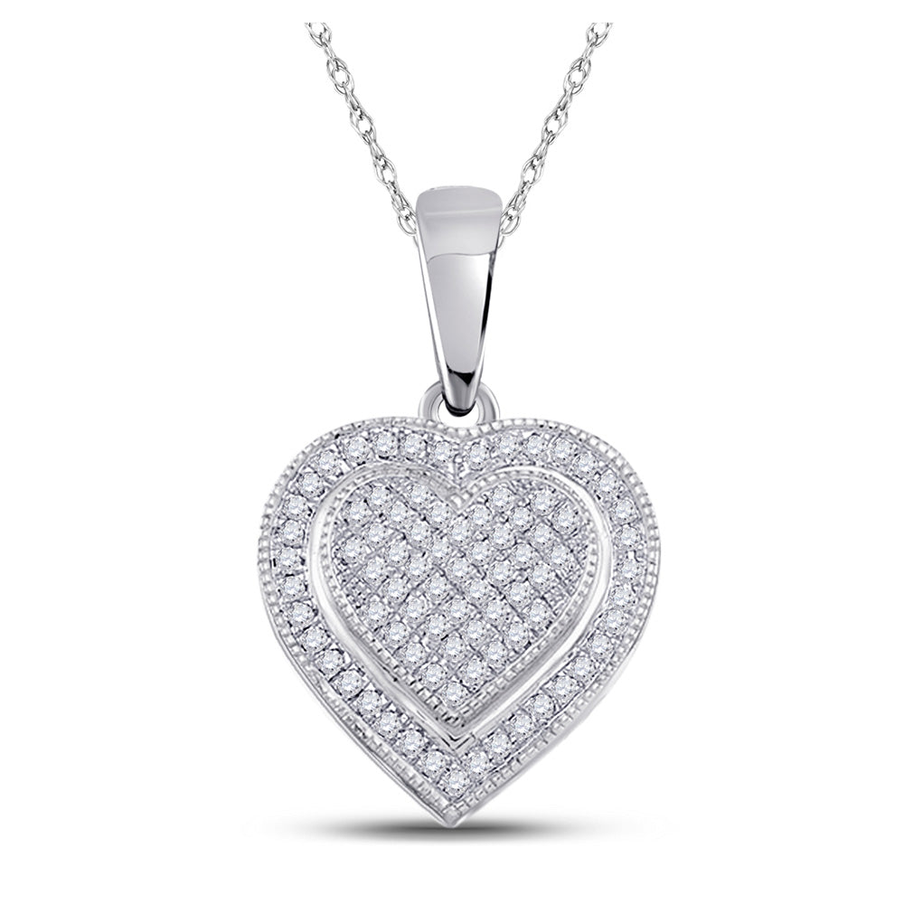 10kt White Gold Womens Round Diamond Layered Heart Cluster Pendant 1/6 Cttw