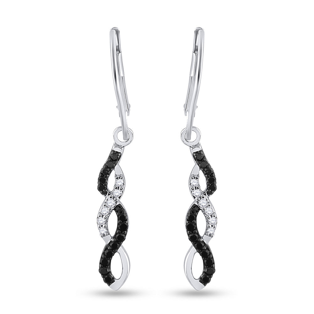 14kt White Gold Womens Round Black Color Enhanced Diamond Twist Dangle Earrings 1/3 Cttw