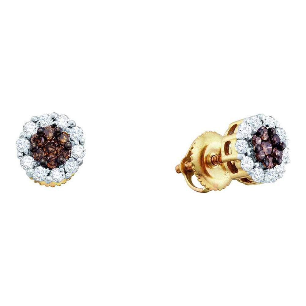 14kt Yellow Gold Womens Round Brown Diamond Cluster Earrings 1 Cttw