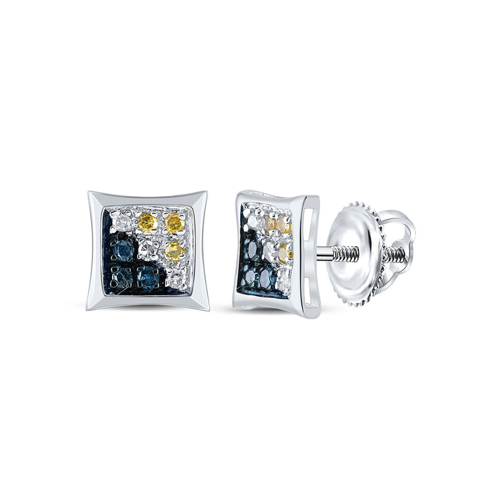 10kt White Gold Mens Round Blue Yellow Color Enhanced Diamond Square Kite Earrings 1/20 Cttw