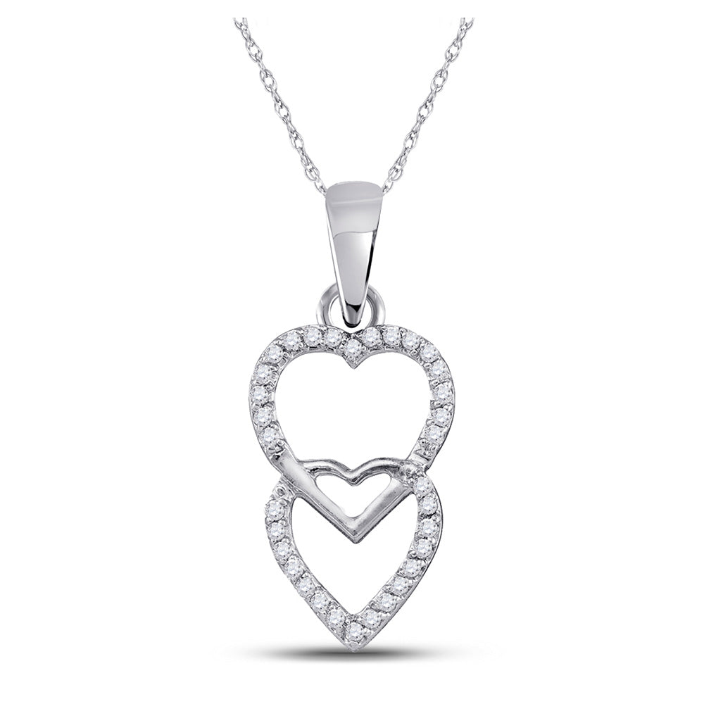 10kt White Gold Womens Round Diamond Double Hanging Heart Pendant 1/10 Cttw