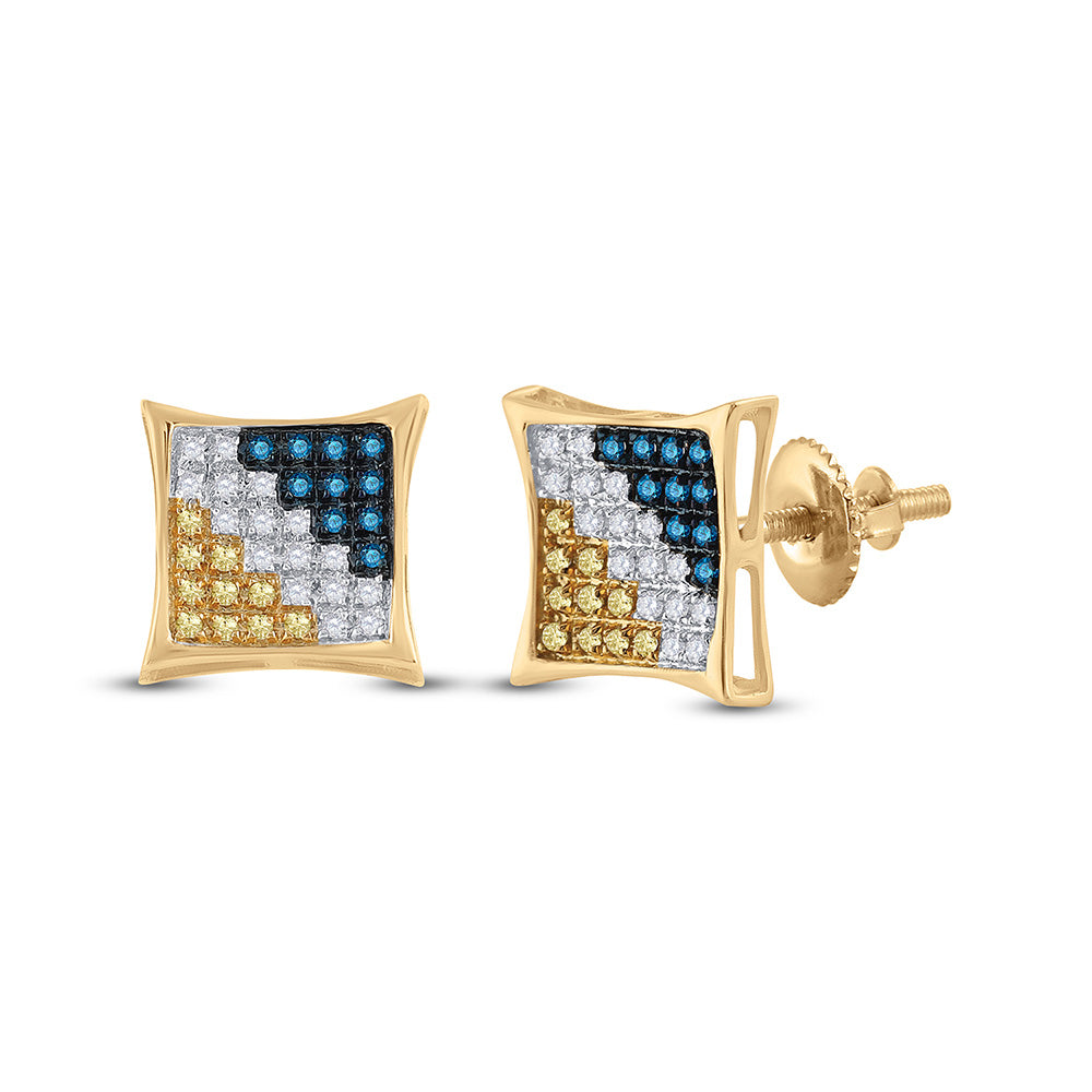 10kt Yellow Gold Mens Round Blue Color Enhanced Diamond Square Kite Cluster Earrings 1/4 Cttw