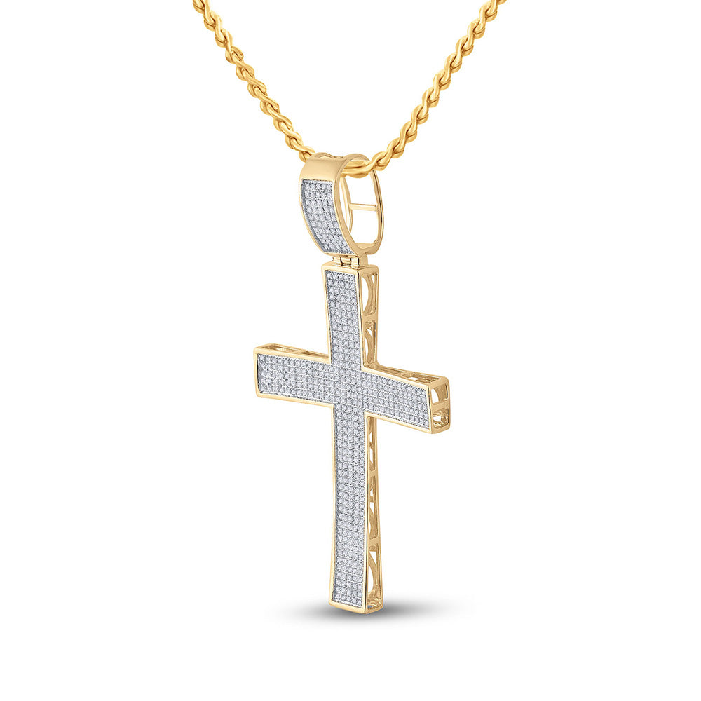 10kt Yellow Gold Mens Round Diamond Cross Charm Pendant 1 Cttw