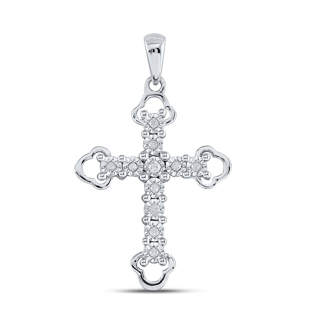 Sterling Silver Womens Round Diamond Trefoil Tips Cross Pendant 1/8 Cttw