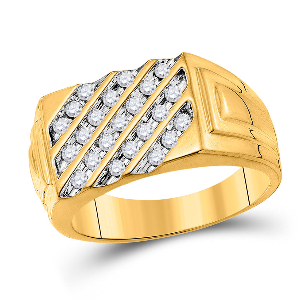 10kt Yellow Gold Mens Round Channel-set Diamond Diagonal Stripe Band Ring 1/2 Cttw