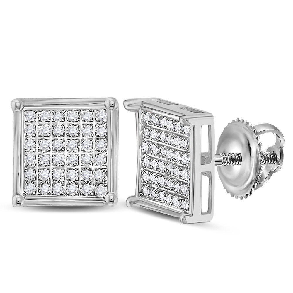 Sterling Silver Womens Round Diamond Square Cluster Earrings 1/4 Cttw