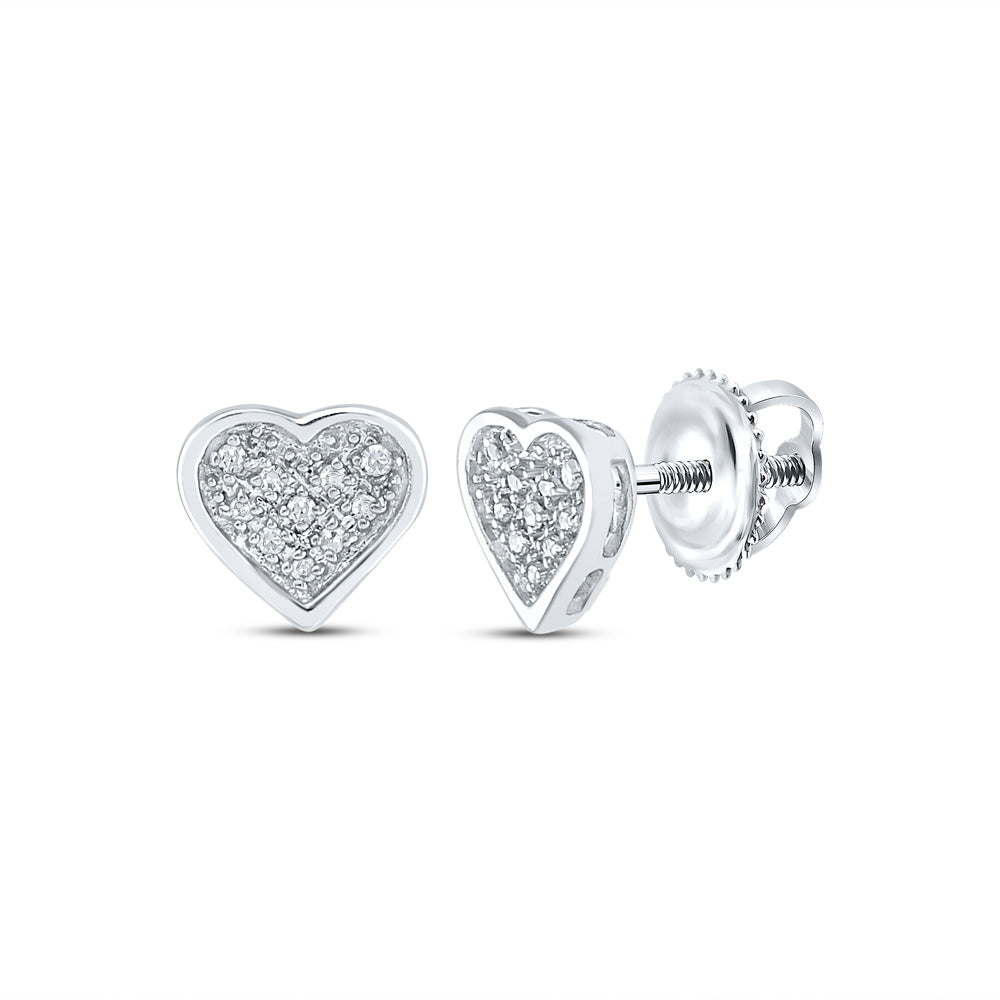 Sterling Silver Womens Round Diamond Heart Earrings 1/20 Cttw