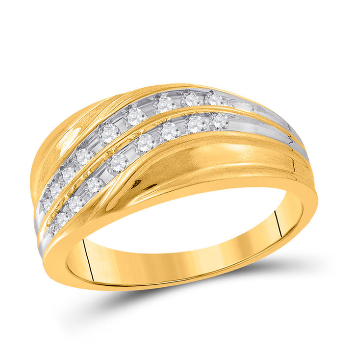 10kt Yellow Gold Mens Round Channel-set Diamond Diagonal Double Row Wedding Band 1/3 Cttw