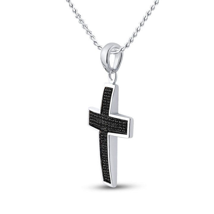 Sterling Silver Mens Round Black Color Enhanced Diamond Cross Charm Pendant 1/6 Cttw