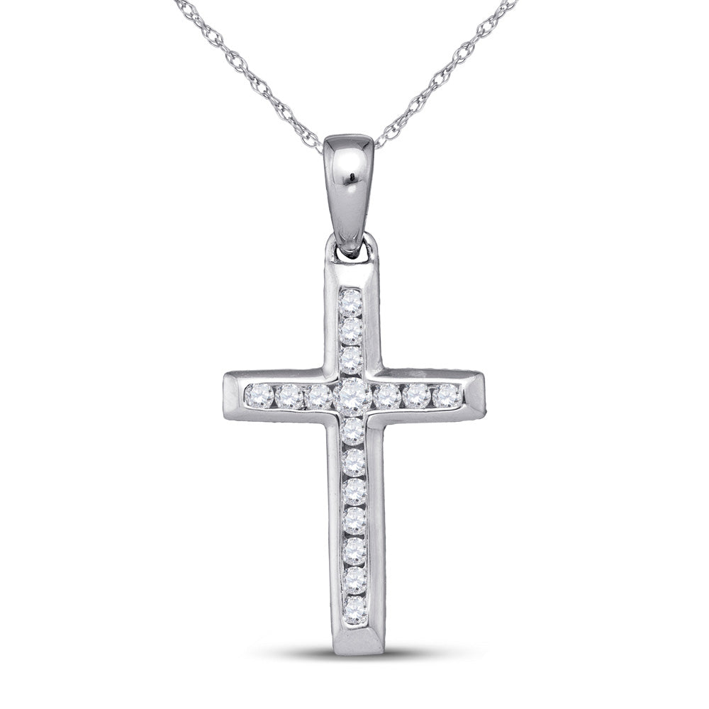 10kt White Gold Womens Round Diamond Small Cross Pendant 1/8 Cttw