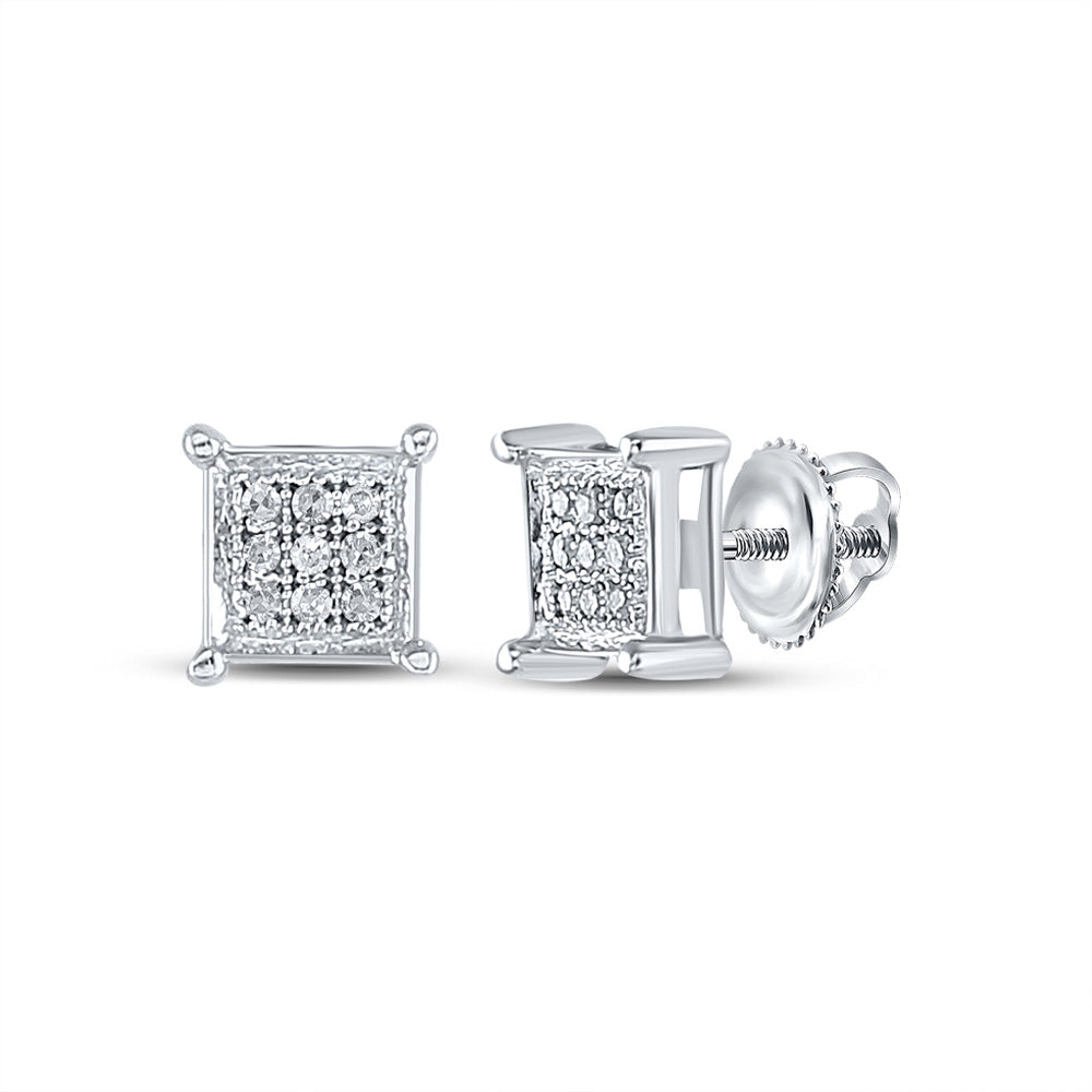 Sterling Silver Womens Round Diamond Square Earrings 1/20 Cttw