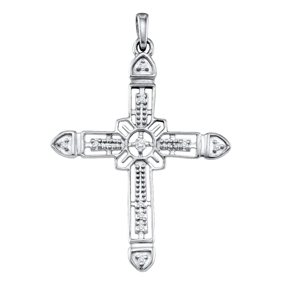 Sterling Silver Womens Round Diamond Cross Pendant 1/20 Cttw