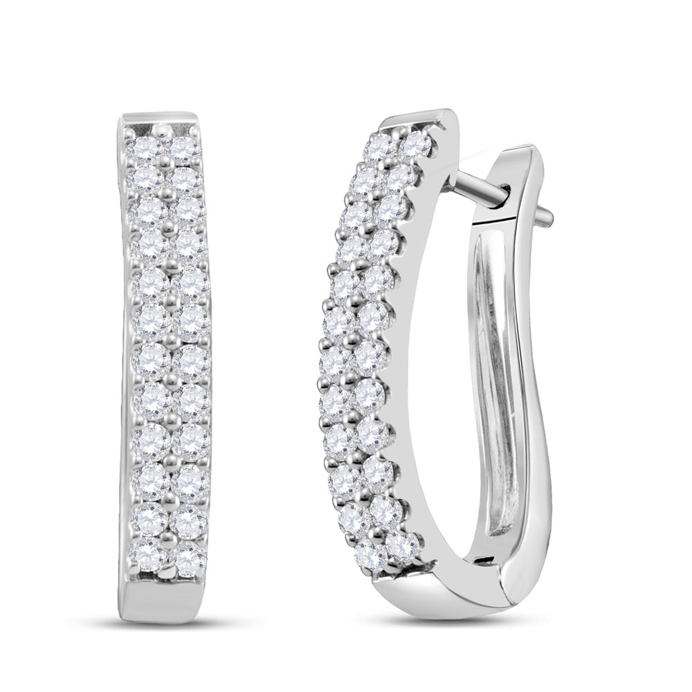 14k White Gold Round Pave-set Diamond 2-row Womens Oblong Hoop Earrings 1 Cttw