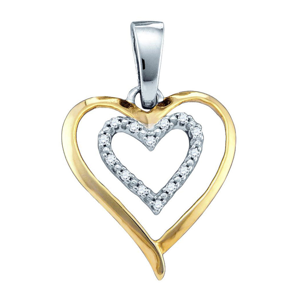 Sterling Silver Two-tone Womens Round Diamond Double Heart Pendant 1/20 Cttw