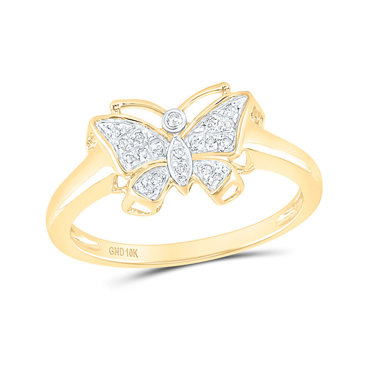 10kt Yellow Gold Womens Round Diamond Butterfly Bug Ring 1/20 Cttw