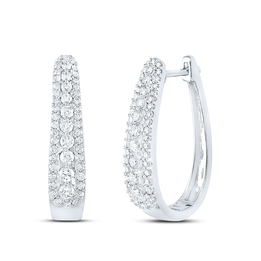 10kt White Gold Womens Round Diamond Oblong Hoop Earrings 7/8 Cttw