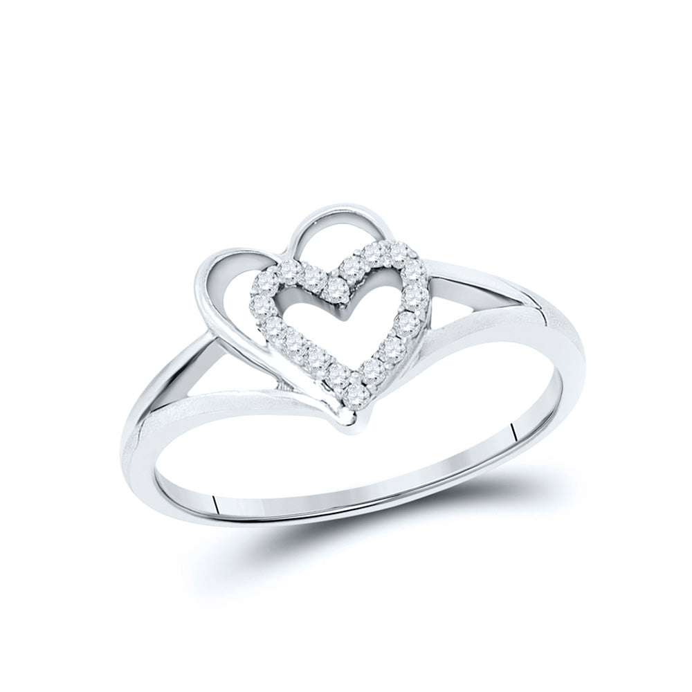 10kt White Gold Womens Round Diamond Double Nested Heart Ring 1/8 Cttw