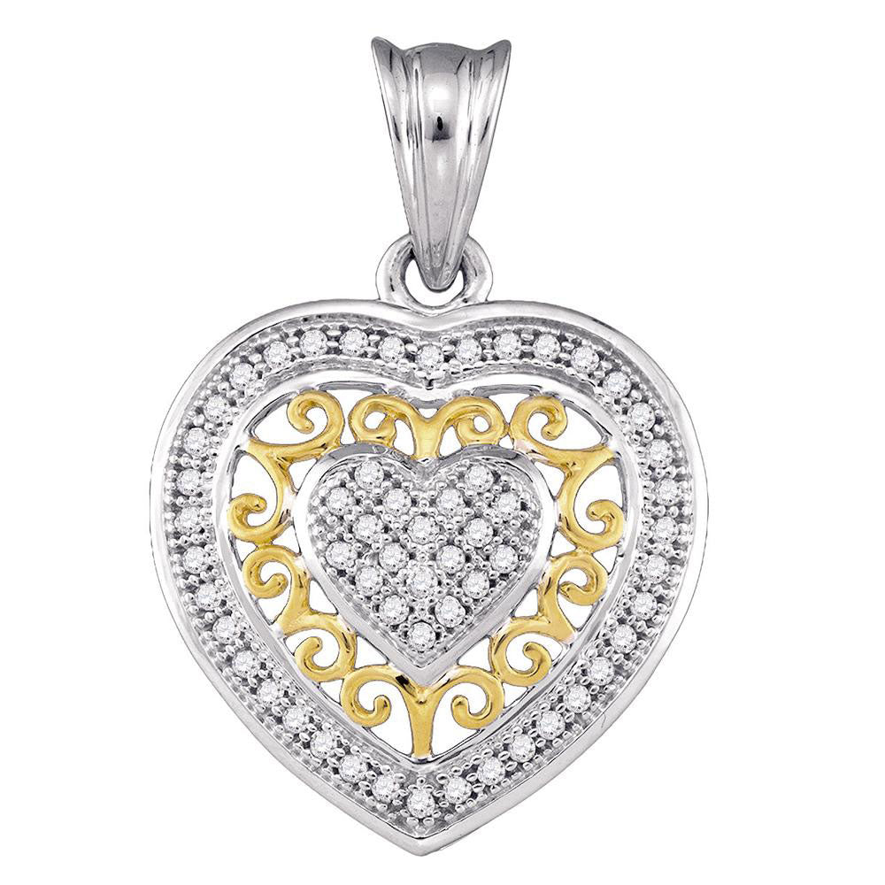 10kt Two-tone Gold Womens Round Diamond Openwork Heart Pendant 1/6 Cttw