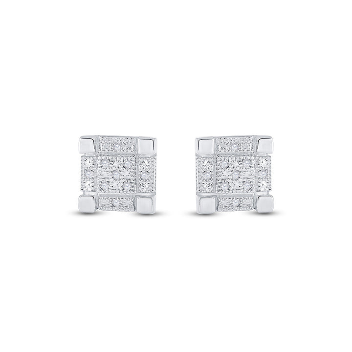 Sterling Silver Mens Round Diamond 3D Cube Square Earrings 1/20 Cttw