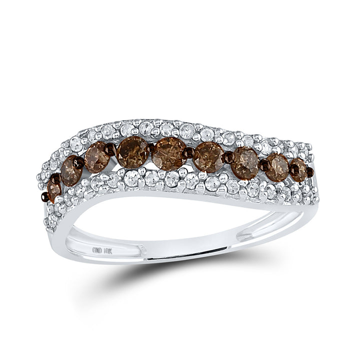 10kt White Gold Womens Round Brown Diamond Contoured Band 3/4 Cttw