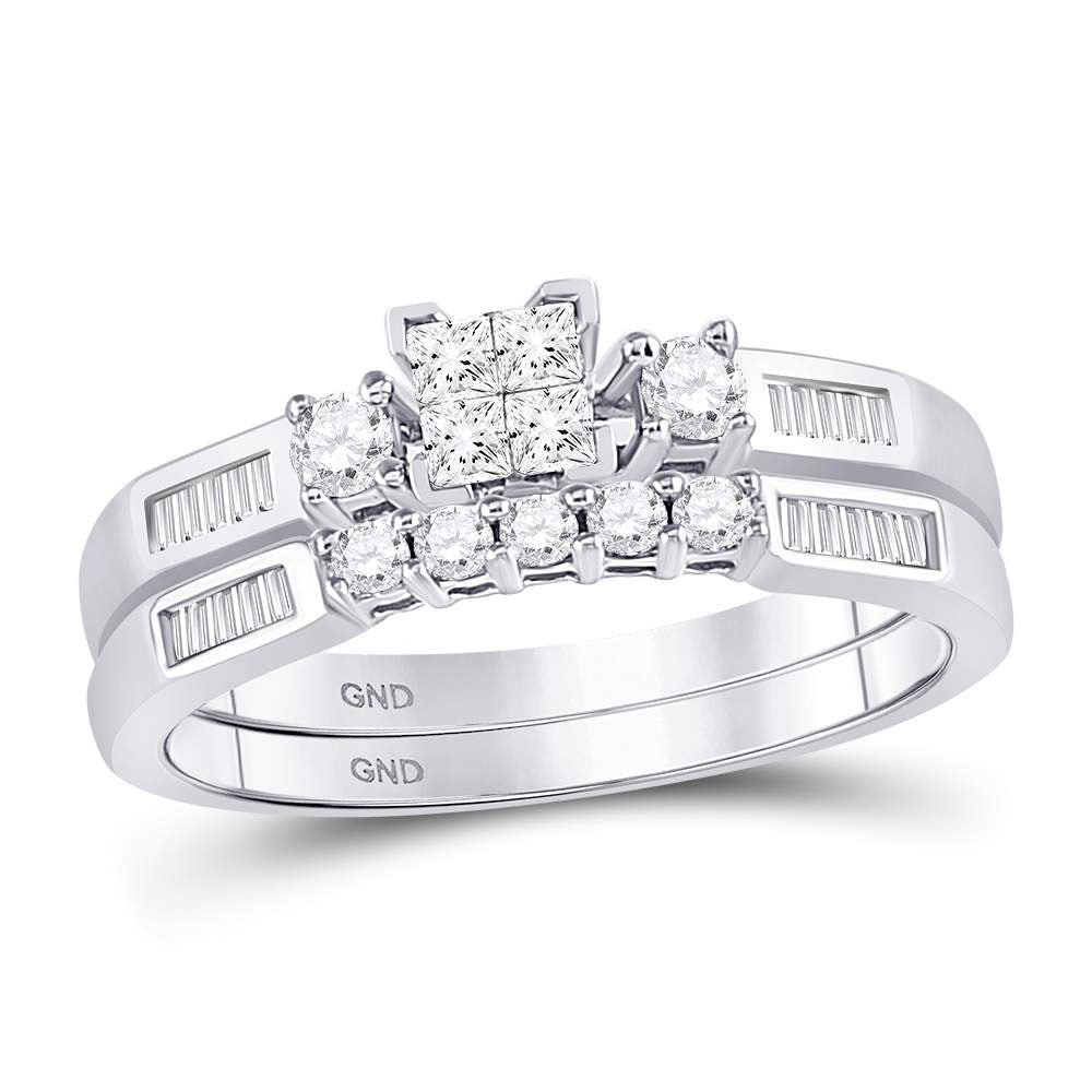 10kt White Gold Princess Diamond Bridal Wedding Ring Band Set 3/8 Cttw