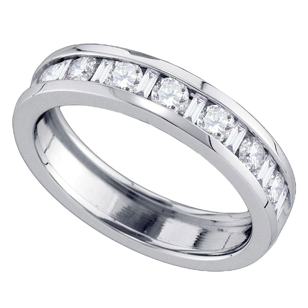 14kt White Gold Womens Alternating Round Baguette Diamond Single Row Wedding Band 1 Cttw